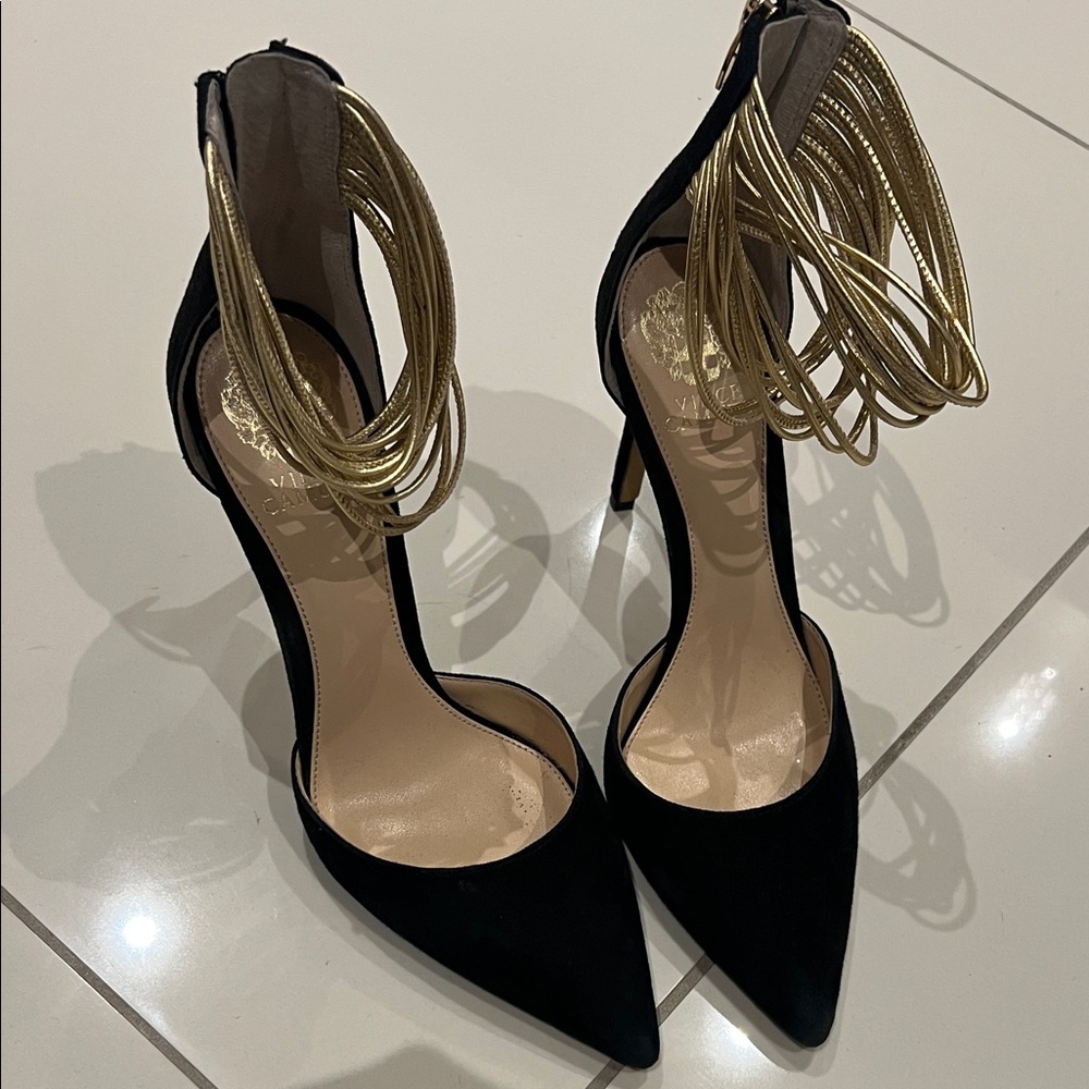 Vince Camuto Black and Gold Statement Heels